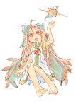  1girl :d adapted_costume arm_up barefoot bow bright_pupils brown_hair chest_eye colored_eyelashes dress feathered_wings flat_chest floating floating_object full_body hair_bow highres invisible_chair long_hair looking_at_viewer pale_color red_eyes reiuji_utsuho simple_background sitting sketch sleeveless sleeveless_dress smile solo sun_symbol touhou white_eyelashes white_pupils wings yamasina009 