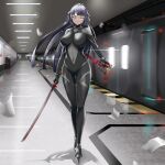  1girl absurdres black_bodysuit black_hair bodysuit braid breasts closed_eyes closed_mouth commission covered_navel hair_ornament highres holding holding_sword holding_weapon impossible_bodysuit impossible_clothes katana katobii large_breasts linea_alba long_hair mole mole_under_eye shadow skin_tight solo star_(symbol) star_hair_ornament sword tatakau_ni_atai_suru train train_station weapon yamaguchi_ryoko 