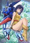  2025 absurdres aeug belt black_hair blue_eyes boots commentary_request dated fa_yuiry flower green_flower gundam highres looking_at_viewer mecha military_uniform miniskirt mobile_suit okrdisk2000 robot science_fiction shield signature skirt v-fin vest zero_gravity zeta_gundam zeta_gundam_(mobile_suit) 