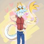2021 anthro barley_(capegloam) blue_bottomwear blue_clothing blue_hair blue_jeans blue_pants bottomwear capegloam clothed clothing denim denim_bottomwear denim_clothing digital_drawing_(artwork) digital_media_(artwork) dragon eastern_dragon eyes_closed fully_clothed hair hand_on_hip hand_on_own_hip heart_symbol horn jacket jeans letterman_jacket male midriff mythological_creature mythological_scalie mythology paint_tool_sai_(artwork) pants pictographics portrait scales scalie shaded snout solo speech_bubble standing tail three-quarter_portrait topwear white_body white_scales yellow_horn