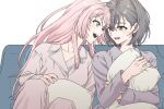  2girls bang_dream! bang_dream!_it's_mygo!!!!! blush brown_eyes chihaya_anon commentary couch fangs grey_eyes grey_hair grey_shirt highres hugging_object korean_commentary long_hair lower_teeth_only multiple_girls nagseojang open_mouth pajamas pillow pink_hair pink_shirt shirt short_hair simple_background takamatsu_tomori teeth upper_teeth_only white_background 