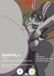 absurd_res anthro big_breasts big_butt black_hair bottomwear breasts buckteeth butt clothing collar container cup english_text eyewear female green_eyes grey_body hair hi_res huge_breasts hyper hyper_breasts joeblaydesign lagomorph leporid looking_at_viewer mammal pants question_mark rabbit selfie shirt smile solo spiked_collar spikes sunglasses teeth text thick_thighs topwear