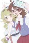  ahoge amami_idora88 ascot blonde_hair cellphone collared_shirt commentary highres holding holding_phone medium_hair phone purple_vest red-framed_eyewear red_ascot school_uniform selfie semi-rimless_eyewear shirt smartphone touhou under-rim_eyewear usami_sumireko v vest watari_nina white_shirt yellow_eyes 