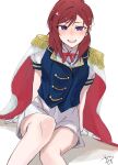  1girl blue_vest cape commentary_request epaulettes gloves highres love_live! love_live!_school_idol_project medium_hair nishikino_maki open_mouth purple_eyes red_hair shorts signature sitting solo surfacedxxc vest white_gloves white_shorts 