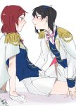  2girls between_legs black_hair blue_vest blush bow bowtie closed_mouth commentary_request epaulettes eye_contact from_side gloves highres jacket long_sleeves looking_at_another love_live! love_live!_school_idol_project medium_hair multiple_girls nishikino_maki parted_lips pink_bow pink_bowtie profile purple_eyes red_eyes red_hair shorts signature simple_background sitting smile surfacedxxc twintails vest white_background white_gloves white_jacket white_shorts yazawa_nico yuri 