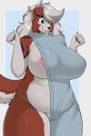 absurd_res anthro areola big_breasts breasts brooklyn_sweater canid canine canis clothed clothing coloredprinter female female_anthro fur generation_7_pokemon hair half_naked hi_res lycanroc mammal midnight_lycanroc multicolored_body multicolored_fur nintendo nipples papercut_(character) pink_areola pokemon pokemon_(species) simple_background solo sweater tail thick_thighs topwear