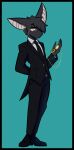  2026 absurd_res accessory anthro bat black_body black_bottomwear black_clothing black_footwear black_hair black_pants black_shoes black_suit bottomwear cain_(suitedwolfie) checking_time clock clothing collared_shirt digital_media_(artwork) dress_shirt ear_piercing earhole eye_markings eyewear footwear formal_wear full-length_portrait glasses glasses_chain hair hand_behind_back hi_res holding_pocketwatch male mammal markings necktie pants piercing pocketwatch portrait serious shirt shoes simple_background solo standing suit suit_and_tie suitedwolfie teal_background topwear watch white_clothing white_markings white_shirt white_topwear wingless_bat 