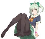  bangs black_legwear bow bowtie breasts convenient_leg feet green_hair green_skirt grey_eyes hair_bow kantai_collection legs no_shoes pantyhose pleated_skirt ponytail rokuwata_tomoe school_uniform serafuku short_sleeves skirt small_breasts solo wristband yuubari_(kantai_collection) 