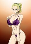  1girl bare_shoulders blonde_hair bra breasts cleavage earrings glasses hairband highres jewelry kalifa large_breasts legs looking_at_viewer navel nel-zel_formula one_piece panties ponytail purple_bra purple_eyes purple_panties serious simple_background solo standing thighs underwear 