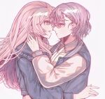  2girls bang_dream! bang_dream!_it's_mygo!!!!! blue_jacket chihaya_anon closed_mouth earrings eye_contact fang grey_background grey_eyes grey_hair highres i00236 jacket jewelry long_hair looking_at_another multiple_girls open_mouth pink_eyes pink_hair revision shirt short_hair simple_background takamatsu_tomori upper_body white_shirt yuri 