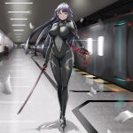 1girl absurdres black_bodysuit black_hair bodysuit braid breasts closed_mouth commission covered_navel hair_ornament highres holding holding_sword holding_weapon impossible_bodysuit impossible_clothes katana katobii large_breasts linea_alba long_hair mole mole_under_eye red_eyes shadow skin_tight solo star_(symbol) star_hair_ornament sword tatakau_ni_atai_suru train train_station weapon yamaguchi_ryoko 