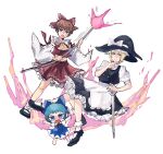  3boys amuro_ray artist_name blonde_hair blue_eyes blue_hair brown_hair char_aznable cirno cirno_(cosplay) commentary_request cosplay crossdressing dress gundam hakurei_reimu hakurei_reimu_(cosplay) hat highres holding holding_staff kamille_bidan kirisame_marisa kirisame_marisa_(cosplay) looking_at_viewer mage_staff magical_girl maid male_focus mobile_suit_gundam multiple_boys open_mouth porkc short_hair skirt smile staff touhou twitter_username watermark witch_hat zeta_gundam 