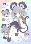  1girl absurdres alternate_costume animal_ears aqua_bow backpack bag basket black_skirt blue_vest bow brown_bag brown_shoes bug butterfly clover commentary_request commission dotaku_(wran8845) flute grey_hair hair_ornament highres holding holding_flute holding_instrument holding_with_tail instrument jewelry long_sleeves looking_at_viewer medium_hair mouse_(animal) mouse_ears mouse_girl mouse_tail multiple_views nazrin necklace pendant playing_instrument prehensile_tail rainbow_background randoseru recorder red_eyes shirt shoes skeb_commission skirt skirt_bow tail thighhighs touhou vest watermark white_butterfly white_shirt white_thighhighs 