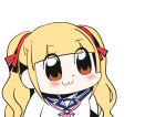  1girl :3 absurdres angel_beats! blonde_hair blue_sailor_collar blunt_bangs blush brown_hair closed_mouth commentary_request eyes_visible_through_hair hair_between_eyes hair_ribbon highres long_hair long_sleeves looking_ahead neckerchief parody pink_neckerchief poptepipic red_ribbon ribbon sailor_collar sailor_shirt shinda_sekai_sensen_uniform shirt sidelocks simple_background smile solo style_parody tareme twintails upper_body white_background white_shirt yusa_(angel_beats!) zuzuhashi 