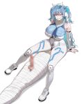  1boy 1girl animal_ear_headphones animal_ears arm_support bandages blue_eyes blue_hair blush bodypaint bodysuit breasts cat_ear_headphones cat_ears censored erection fake_animal_ears girl_on_top goddess_of_victory:_nikke grin headphones highres large_breasts long_hair marheit mekami_shifty_(nikke) mosaic_censoring multicolored_bodysuit number_print painted_clothes penis shoes simple_background sitting sitting_on_face smile testicles two_side_up very_long_hair white_background white_bodysuit white_shoes 
