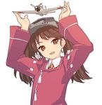  a6m_zero aircraft airplane brown_eyes brown_hair flat_chest kantai_collection long_hair open_mouth rokuwata_tomoe ryuujou_(kantai_collection) solo twintails visor_cap 