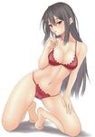  :o barefoot bikini black_hair blush breasts cleavage fingernails full_body hand_on_thigh hand_to_own_mouth kneeling large_breasts long_hair looking_at_viewer muffin_(sirumeria) navel original red_bikini red_eyes shiny shiny_skin simple_background solo strap_gap swimsuit white_background 