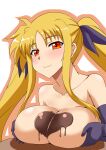  1girl blonde_hair blush breasts candy chocolate chocolate_on_body chocolate_on_breasts closed_mouth collarbone elbow_gloves fate_testarossa food food_between_breasts food_on_body gloves grabbing_own_breast heart heart-shaped_chocolate heart-shaped_food large_breasts long_hair looking_at_viewer lyrical_nanoha nude outline parted_bangs pink_outline purple_gloves red_eyes simple_background smile solo twintails upper_body white_background zerosu_(take_out) 