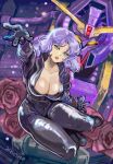  1girl 2025 aqua_eyes breasts cable cleavage commentary_request dated glowing glowing_eyes gundam highres large_breasts long_hair looking_at_viewer mecha mecha_pilot_suit mobile_suit normal_suit_(gundam) okrdisk2000 psycho_gundam_mk_ii purple_hair reaching reaching_towards_viewer robot rosamia_badam science_fiction signature spacesuit titans_(gundam) undressing v-fin yellow_eyes zero_gravity zeta_gundam 