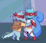 anonpupb anteater anthro backpack blue_body blue_fur blush bodysuit bottomless bottomless_anthro bottomless_male buckteeth clothed clothing digital_media_(artwork) duo erection eyewear flying_squirrel footwear fur genitals glasses gloves hair handwear happy_tree_friends hi_res male male/male mammal mask open_bodysuit penis pilosan rodent sciurid shirt shoes skinsuit sniffles_(htf) snout splendid_(htf) standing tail teeth tight_clothing tongue tongue_out topwear tree_squirrel wearing_glasses xenarthran