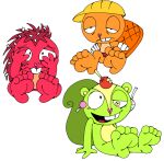 2026 4_fingers 4_toes anthro apple armor bandage bandaged_arm barefoot barvey beaver buckteeth candy candy_apple covering covering_eyes covering_face dessert english_description eyes_mostly_closed feet fingers flaky_(htf) food foot_focus fruit fur green_body green_fur group handy_(htf) happy_tree_friends hard_hat headgear heart_nose heart_symbol helmet humanoid_feet humanoid_hands lollipop male mammal narrowed_eyes nutty_(htf) orange_body orange_fur pink_nose plant plantigrade porcupine red_body red_fur rodent sciurid simple_background sitting teeth toes tree_squirrel trio white_background