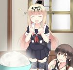  akagi_(kantai_collection) black_ribbon blonde_hair bowl brown_hair butatikin closed_eyes food hair_ribbon highres japanese_clothes kantai_collection long_hair multiple_girls open_mouth ribbon rice rice_bowl school_uniform serafuku skirt smile yuudachi_(kantai_collection) 