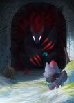  1other artist_name bandana claws door english_commentary evolutionary_line floating_hair furry glowing glowing_eyes highres imazartz pokemon pokemon_(creature) red_hair sitting snow standing tree_stump white_eyes zoroark zorua 