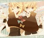 1boy 1girl black_capelet black_corset blonde_hair blue_eyes blush brown_shirt cake cake_slice capelet character_name corset food fork hair_ornament hairclip happy_birthday holding holding_spoon icing_on_face kagamine_len kagamine_rin long_sleeves looking_at_viewer miwasiba shared_capelet shared_clothes shirt short_hair short_sleeves spoon sweater tongue tongue_out utensil_in_mouth vocaloid white_sweater 