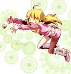  blonde_hair character_name closed_eyes hoshii_miki idolmaster idolmaster_(classic) long_hair nightea open_mouth outstretched_arms pink_diamond_765 smile solo 