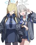  2girls :d animal_ear_fluff animal_ears armband blonde_hair blue_archive blue_armband blue_halo blue_shirt dog_ears dog_girl extra_ears floral_print_shirt gloves grey_hair grey_halo hair_over_one_eye halo hawaiian_shirt jacket kanna_(blue_archive) konoka_(blue_archive) long_hair mask mchonmchon mouth_mask multiple_girls necktie open_mouth police police_uniform policewoman purple_armband shirt simple_background smile surgical_mask v white_background white_mask 