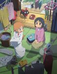  2girls absurdres anime_coloring artist_request bag_of_chips bandana black_cat black_eyes black_hair blonde_hair blue_eyes bowl cat closed_mouth clothes_hanger clothes_iron clothesline crayon daruma_doll drawing_(object) folded_clothes hands_on_lap highres holding holding_unworn_clothes indoors lab_coat laundry laundry_basket long_hair long_sleeves looking_at_another looking_back mogura_(nichijou) multiple_girls nichijou no_nose obake_(nichijou) official_art open_mouth oversized_clothes pet_bowl pet_food pink_sweater professor_shinonome puddle rain red_bandana sakamoto_(nichijou) seiza shinonome_nano short_hair sitting sketchbook smile standing sweater tatami teruterubouzu third-party_source winding_key wooden_floor 