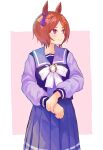  1girl animal_ears blush bow bowtie breasts brown_hair closed_mouth flower-shaped_pupils flower_in_eye hair_ornament highres horse_ears horse_girl long_sleeves pink_eyes purple_eyes purple_sailor_collar purple_serafuku purple_shirt purple_skirt sailor_collar sailor_shirt sakura_laurel_(umamusume) school_uniform serafuku shirt short_hair skirt smile solo symbol-shaped_pupils symbol_in_eye tracen_school_uniform umamusume uninoharuo white_bow white_bowtie 