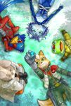  amphibian blue_hair bodysuit canine falco_lombardi fox fox_mccloud frog grass group hair krystal lagomorph lying mammal nintendo peppy_hare rabbit skinsuit slippy_toad star_fox unknown_artist video_games 