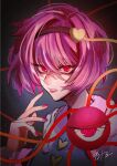  1girl blouse blue_shirt buttons commentary disembodied_linked_eye eyeball fingernails frilled_shirt_collar frilled_sleeves frills hair_ornament hairband heart heart_button heart_hair_ornament heart_of_string highres komeiji_satori mamiru_(42105269) one-hour_drawing_challenge parted_lips pink_hair pink_nails pink_skirt portrait red_eyes ribbon-trimmed_collar ribbon_trim shirt short_hair signature skirt solo touhou tsurime 