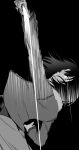  1girl angry attack black_background bomber_jacket curtained_hair floating_clothes floating_hair from_behind fur-trimmed_jacket fur_trim glaring hair_over_one_eye holding holding_knife jacket japanese_clothes kara_no_kyoukai kimono knife looking_at_viewer medium_hair metarogu monochrome motion_blur motion_lines mystic_eyes_of_death_perception open_clothes open_jacket pants reverse_grip ryougi_shiki sash slashing 