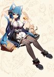  animal_ear_fluff animal_ears bare_shoulders blue_hair blush bow breasts cat cat_ears cat_tail detached_sleeves food hair_bow highres large_breasts long_hair looking_at_viewer mamuru original pantyhose red_eyes sitting solo striped striped_legwear tail vertical-striped_legwear vertical_stripes 