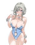  1girl absurdres bare_shoulders blue_eyes blue_leotard blue_lips breasts closed_mouth commentary fishnet_pantyhose fishnets grey_hair highres ivan_ramirez leotard mole mole_on_breast navel pantyhose phase_connect smile solo strapless strapless_leotard virtual_youtuber white_background white_wrist_cuffs wilhelmina_frost wrist_cuffs 