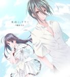  1boy 1girl black_hair blue_sky brown_eyes capelet closed_mouth cloud collared_shirt commentary_request copyright_name cowboy_shot crown_print day dress_shirt dutch_angle floating_hair frilled_skirt frills frown grey_eyes hair_between_eyes hand_in_pocket hands_up highres long_hair long_hair_between_eyes looking_at_viewer medium_hair miniskirt necktie outdoors parted_lips pleated_skirt print_capelet puya red_necktie school_uniform shirt short_sleeves skirt sky subarashiki_hibi takashima_zakuro tareme tsurime v-shaped_eyebrows white_capelet white_shirt white_skirt yuuki_tomosane 