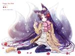  2014 animal_ears black_hair black_legwear boots borrowed_character camellia coat commentary_request facial_mark flower forehead_mark fox_ears fox_shadow_puppet fox_tail fur_trim hagino_kouta hair_flower hair_ornament happy_new_year highres jewelry long_hair looking_at_viewer multiple_tails nail_polish necklace new_year pantyhose petals pixiv_fantasia pixiv_fantasia_sword_regalia print_legwear red_eyes scarf simple_background smile solo sweater tail very_long_hair white_background winter_clothes 