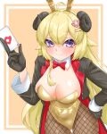  1girl absurdres alternate_costume animal_ears black_coat black_gloves blonde_hair card coat fake_animal_ears fishnet_pantyhose fishnets gloves gold_leotard hand_on_own_hip highres holding holding_card hololive horns leotard looking_at_viewer nyang-kaz pantyhose playboy_bunny purple_eyes rabbit_ears sheep_ears sheep_girl sheep_horns smile solo trading_card tsunomaki_watame virtual_youtuber 