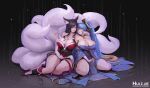  2girls absurdres ahri_(league_of_legends) animal_ears arm_around_shoulder black_hair blue_dress blue_eyes blue_hair breasts cleavage detached_sleeves dress fox_ears fox_girl highres hui_z_jie kitsune kyuubi large_breasts league_of_legends long_hair looking_at_viewer low_neckline multiple_girls multiple_tails parted_lips red_dress reflective_floor ripples sitting smile sona_(league_of_legends) strapless strapless_dress tail thick_thighs thighs twintails very_long_hair yellow_eyes 