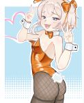  1girl animal_ear_hairband animal_ears ass bare_shoulders blonde_hair blue_eyes bow bowtie breasts detached_collar fake_animal_ears fake_tail fishnet_pantyhose fishnets hair_bow hairband highleg highleg_leotard highres leotard looking_at_viewer marimari_(vtuber) medium_hair open_mouth orange_bow orange_leotard pantyhose phase_connect playboy_bunny rabbit_ear_hairband rabbit_ears rabbit_tail side_ponytail small_breasts solo strapless strapless_leotard tail v virtual_youtuber white_wrist_cuffs wrist_cuffs yamzzity 