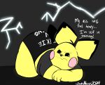 2024 all_fours annoyed anthro ass_up big_butt black_bottomwear black_clothing black_ear_tips black_hair black_sclera black_tail bottomwear butt chonkymouse clothing colored dated dialogue digital_drawing_(artwork) digital_media_(artwork) dipstick_ears ear_markings electricity english_description english_text flat_colors generation_2_pokemon grey_clothing grey_shirt grey_topwear hair hi_res hotpants in_denial lightning_bolt male multicolored_ears nintendo pace_(blastoiseanimator) pichu pink_cheeks pinup pokemon pokemon_(species) pose presenting presenting_hindquarters shirt shorts signature simple_background solo tail text text_on_bottomwear text_on_clothing thick_thighs topwear training twerking white_eyes wide_hips yellow_body yellow_ears