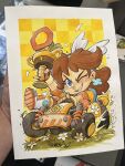  1girl blue_eyes boots brown_hair earrings flower go-kart grin highres holding holding_trophy jacket jewelry jon_sommariva looking_at_viewer mario_(series) mario_kart mario_kart_world official_alternate_costume one_eye_closed orange_jacket photo_(medium) princess_daisy princess_daisy_(touring) signature smile solo traditional_media trophy white_boots white_flower 