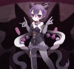  1girl amputee bare_shoulders black_flower black_hair black_leotard black_rose breasts cleavage dark_cutie elbow_gloves flower fox_shadow_puppet gloves highleg highleg_leotard highres leotard long_hair magical_girl mahou_shoujo_ikusei_keikaku mahou_shoujo_ikusei_keikaku_aces namekolovelove pantyhose purple_eyes purple_flower purple_hair purple_rose red_eyes red_flower rose shadow_puppet short_hair solo 