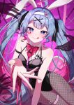  1girl :q ahoge animal_ears arm_belt bare_arms black_leotard black_ribbon blue_eyes blue_hair blush bow bowtie breasts brown_pantyhose card closed_mouth commentary_request cross_hair_ornament detached_collar fake_animal_ears fishnet_pantyhose fishnets hair_ornament hair_ribbon hairband hatsune_miku highres leotard long_hair looking_at_viewer medium_breasts n_6m nail_polish pantyhose pink_bow pink_bowtie pink_nails pink_pupils playboy_bunny playing_card purple_background rabbit_ears rabbit_hair_ornament rabbit_hole_(vocaloid) reaching reaching_towards_viewer ribbon smile solo thigh_strap tongue tongue_out twintails very_long_hair vocaloid white_hairband 