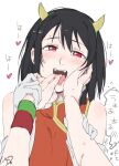  2girls alternate_hair_length_(shorter) black_hair blush commentary_request fake_horns fangs female_pov finger_in_another's_mouth gloves hairband hand_on_another's_cheek hand_on_another's_face highres holding_another's_wrist horns looking_at_viewer love_live! love_live!_school_idol_project multiple_girls nishikino_maki orange_shirt pov red_eyes shirt short_hair simple_background sleeveless sleeveless_shirt surfacedxxc translation_request upper_body white_background white_gloves yazawa_nico 