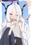  1girl absurdres bainierbrat black_halo black_horns blue_archive blush commentary_request cowboy_shot demon_horns fanning_face fanning_self halo highres hina_(blue_archive) horns hot long_hair looking_at_viewer multiple_horns purple_eyes purple_halo simple_background solo sweat sweaty_clothes very_long_hair very_sweaty white_hair 