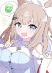 +_+ 1girl absurdres almond_eye_(casual)_(umamusume) almond_eye_(umamusume) animal_ears arnolddayo bare_shoulders blue_eyes blue_hair blue_vest blush bow bow_hairband braid braided_sidelocks breasts brown_hair clothing_cutout colored_inner_hair commentary_request hair_ornament hairband highres horse_ears horse_girl index_finger_raised large_breasts long_hair looking_at_viewer multicolored_hair open_mouth shirt shoulder_cutout sidelocks smile speech_bubble streaked_hair symbol-shaped_pupils umamusume vest white_hairband white_shirt white_streaks x-shaped_pupils 