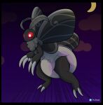 2023 absurd_res anthro arthropod arthropod_abdomen big_diaper black_body black_fur blush claws clean_diaper clothed clothing cloud crescent_moon cryptid diaper flying fur grey_body grey_fur hi_res insect insect_wings lepidopteran male moon moth moth_antennae mothman night red_eyes ruff sky solo the_sheepl wearing_diaper white_diaper wings